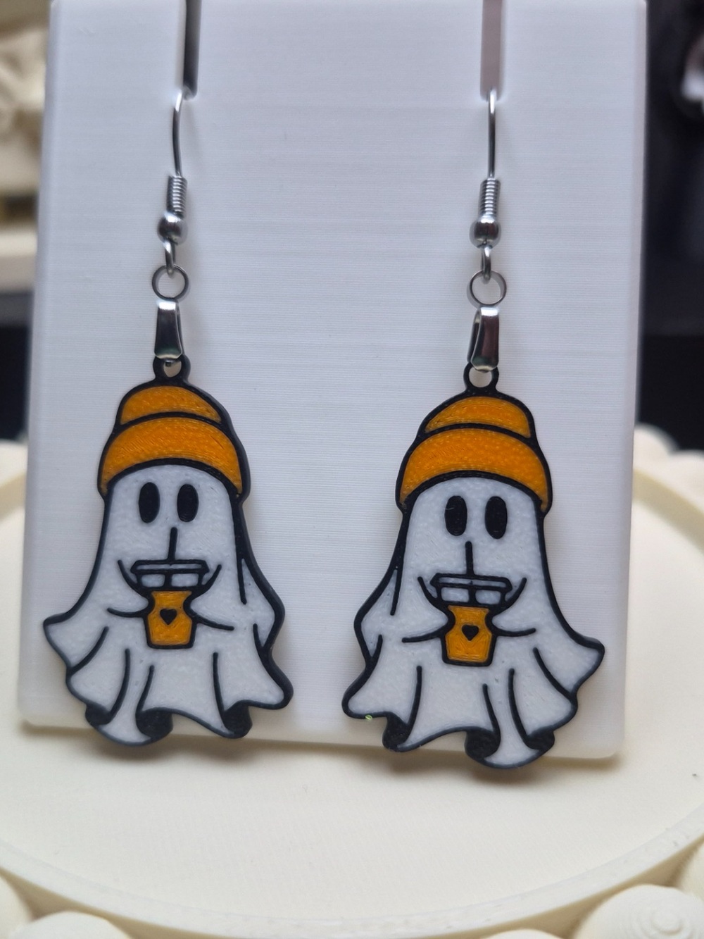 Cute Ghost Bubble Tea Dangle Earrings - Orange & White